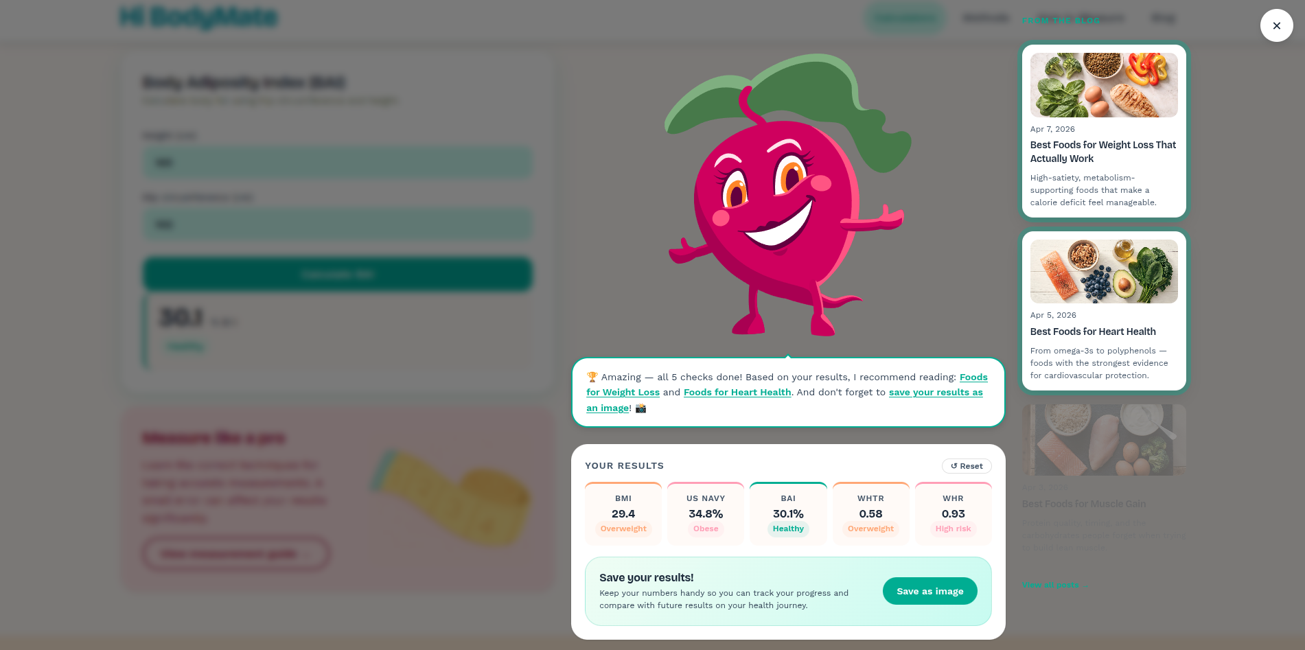 Resultado do Hi BodyMate com sugestões personalizadas de artigos