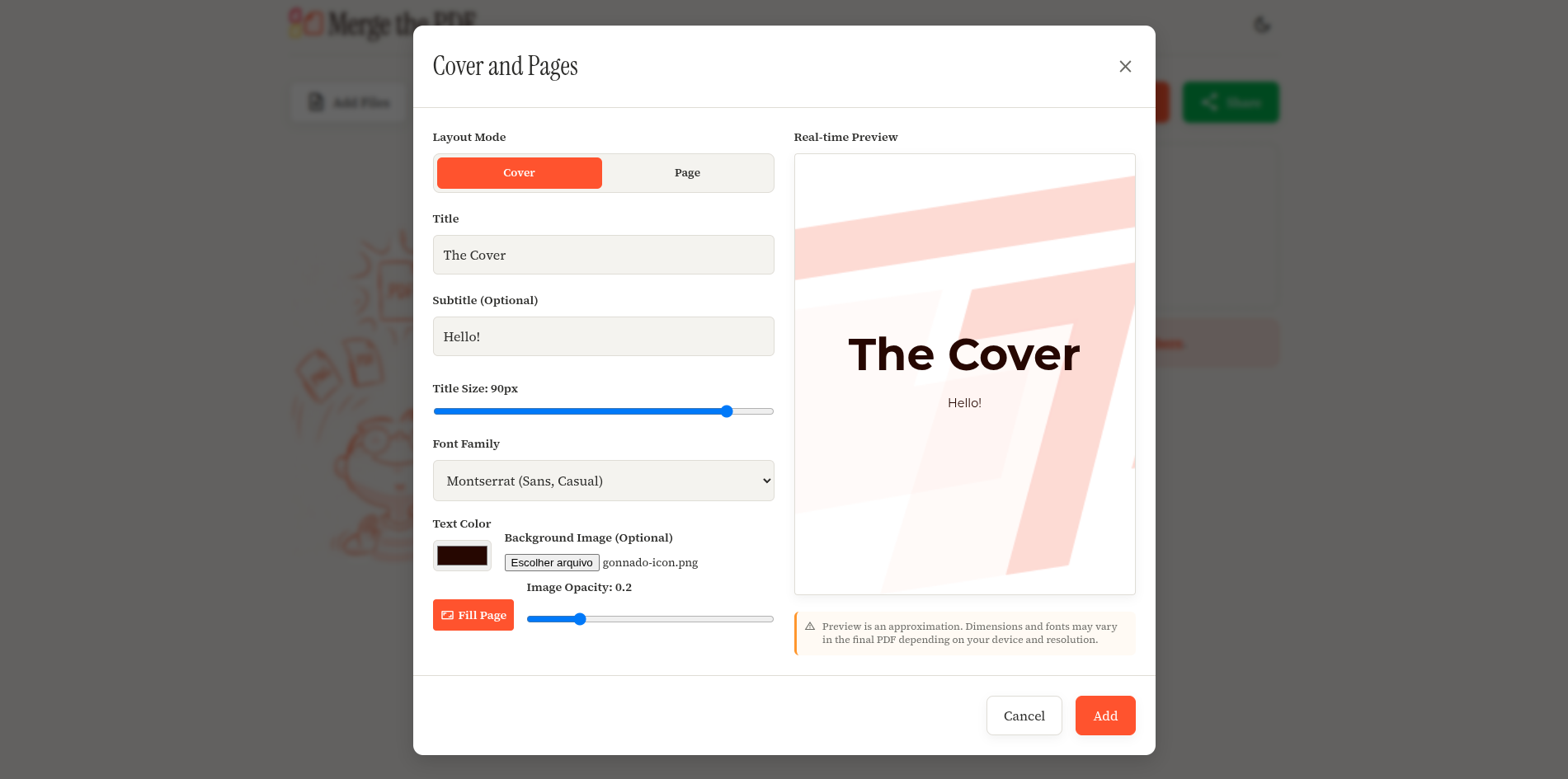 Editor de capa e páginas internas do Merge the PDF