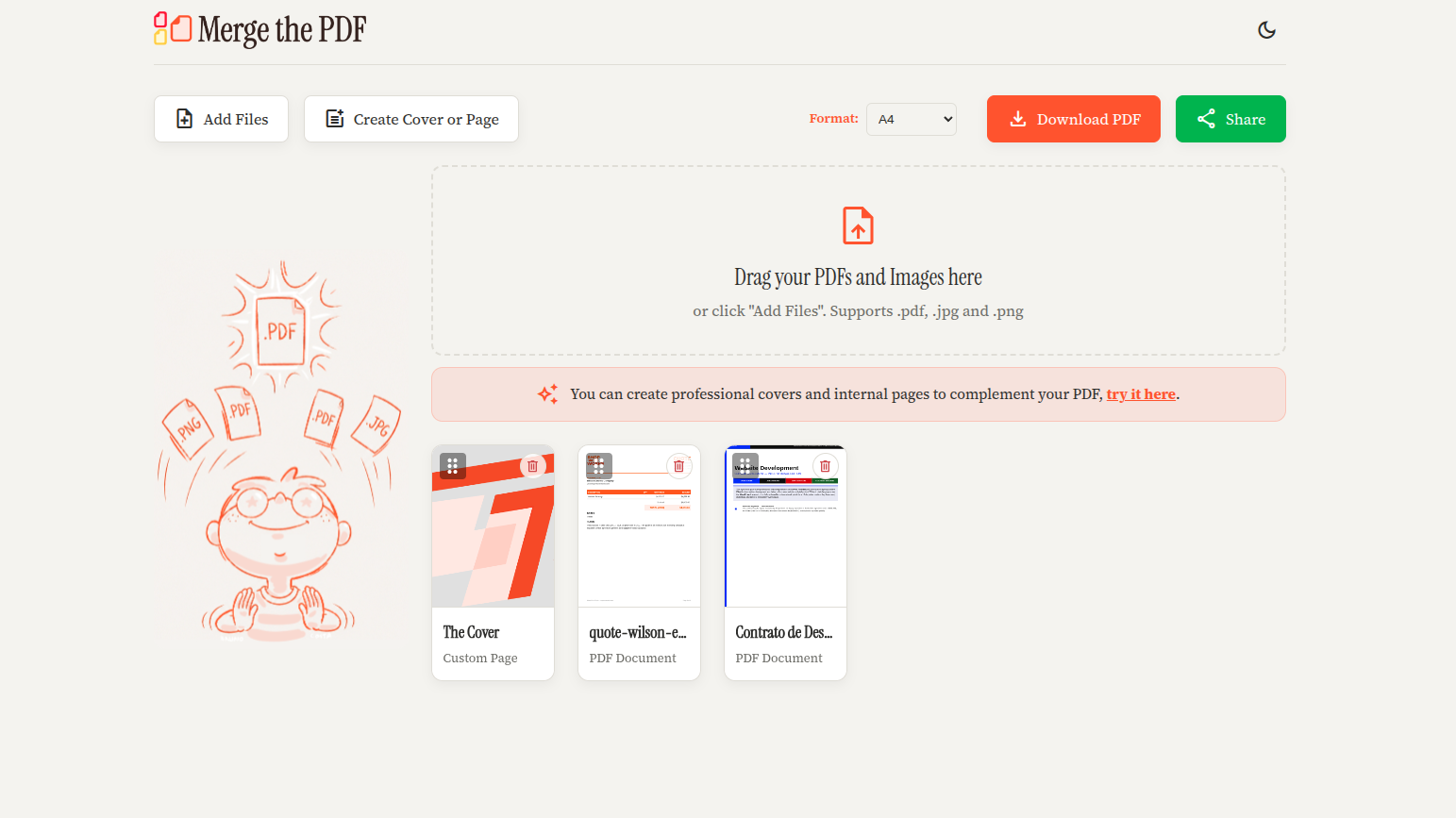 Área de trabalho do Merge the PDF com PDFs e imagens organizados